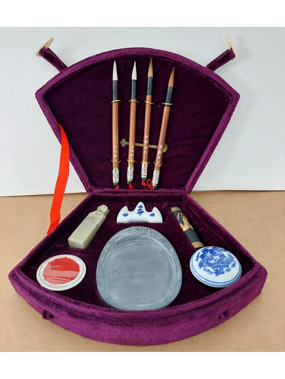 Vintage CHINESE CALLIGRAPHY Writing Set 13 Piece Plum Velvet Complete Set Unused